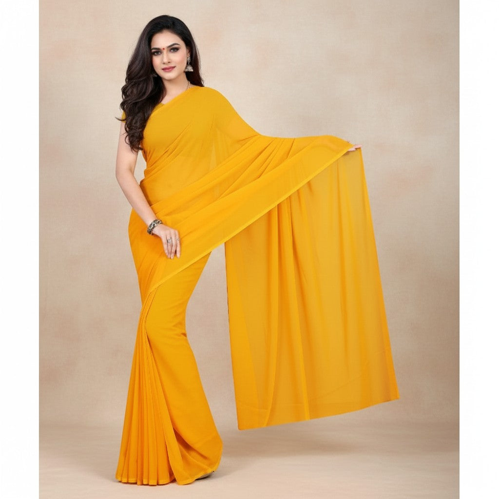 Shafusion gold georgette plain saree worn by a woman, suitable for casual and festive occasions.