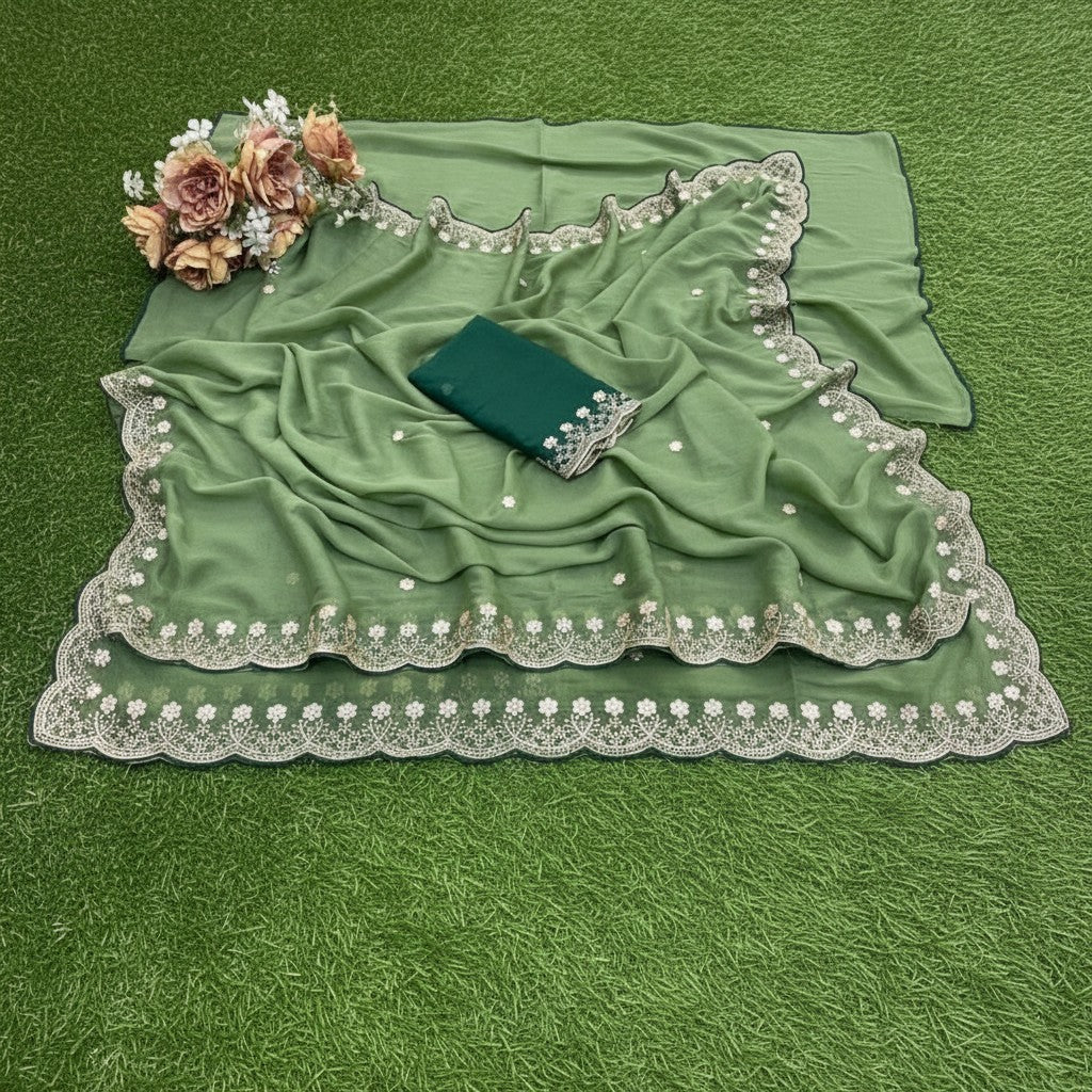 Shafusion green star georgette saree with intricate white floral embroidery and matching unstitched blouse piece