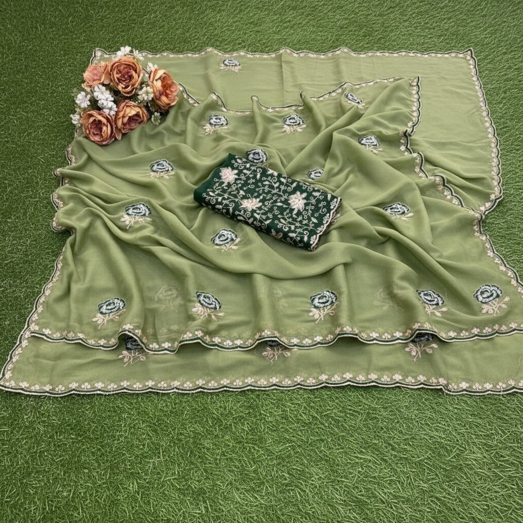 Shafusion green star georgette saree featuring delicate floral embroidery and a matching unstitched blouse piece.