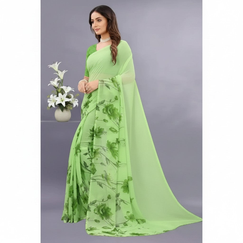 Shafusion green georgette saree with floral print and unstitched blouse worn by a model