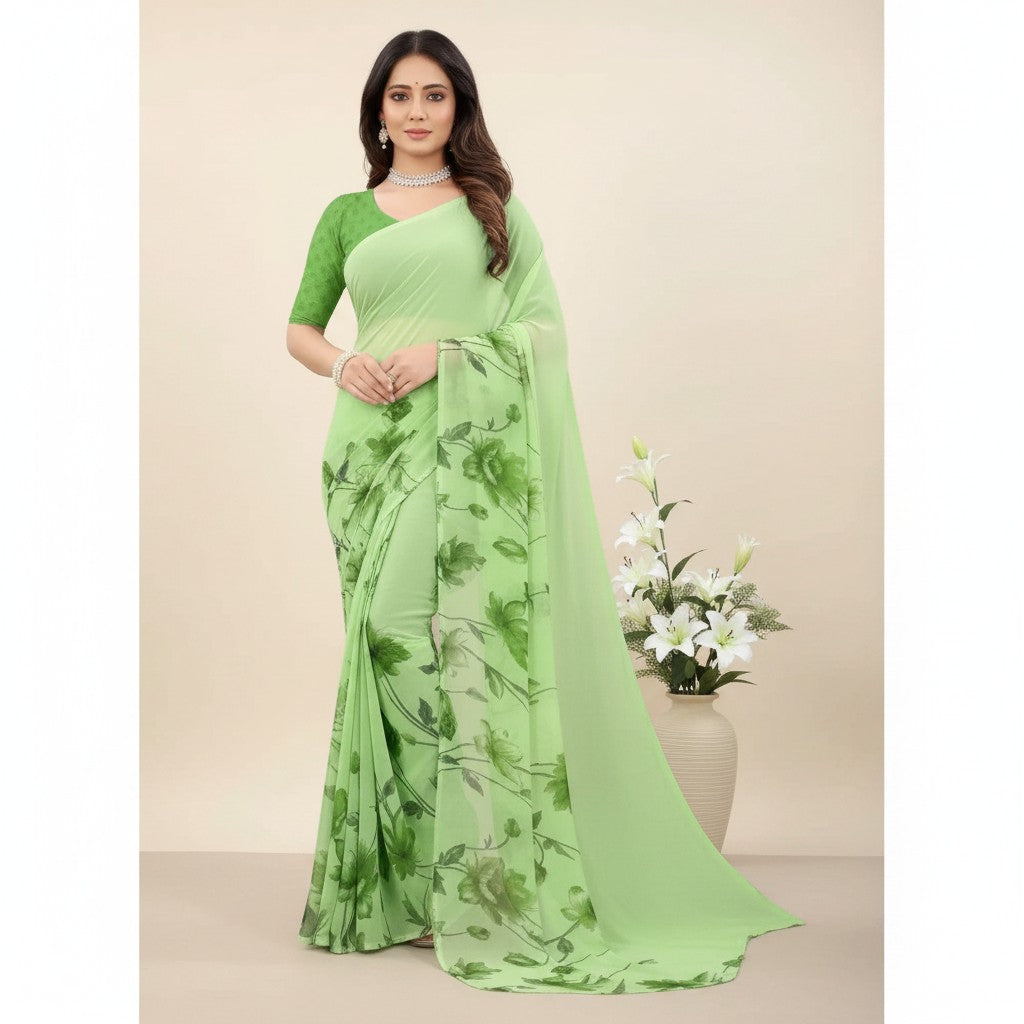 Shafusion green georgette saree with floral print and matching unstitched blouse worn by a model