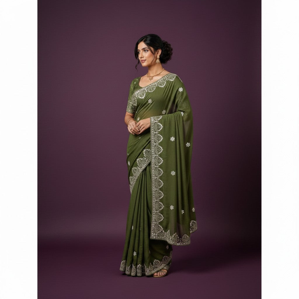 Shafusion green georgette saree with intricate silver embroidery and unstitched blouse worn by a model