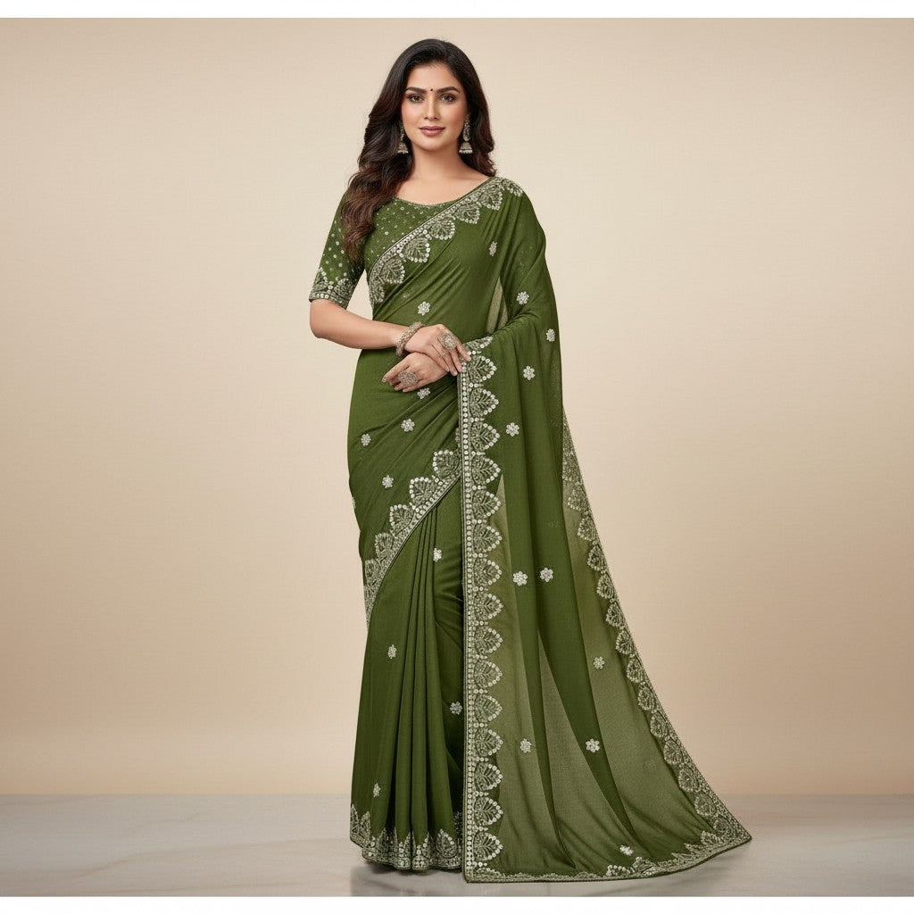 Shafusion green georgette saree featuring intricate white floral embroidery and a matching unstitched blouse