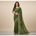 Shafusion green georgette saree featuring intricate white floral embroidery and a matching unstitched blouse