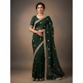 Shafusion green georgette saree featuring intricate gold embroidery and an unstitched blouse worn by a model.
