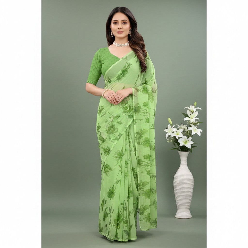 Shafusion green georgette printed saree with unstitched blouse worn by a model against a studio background
