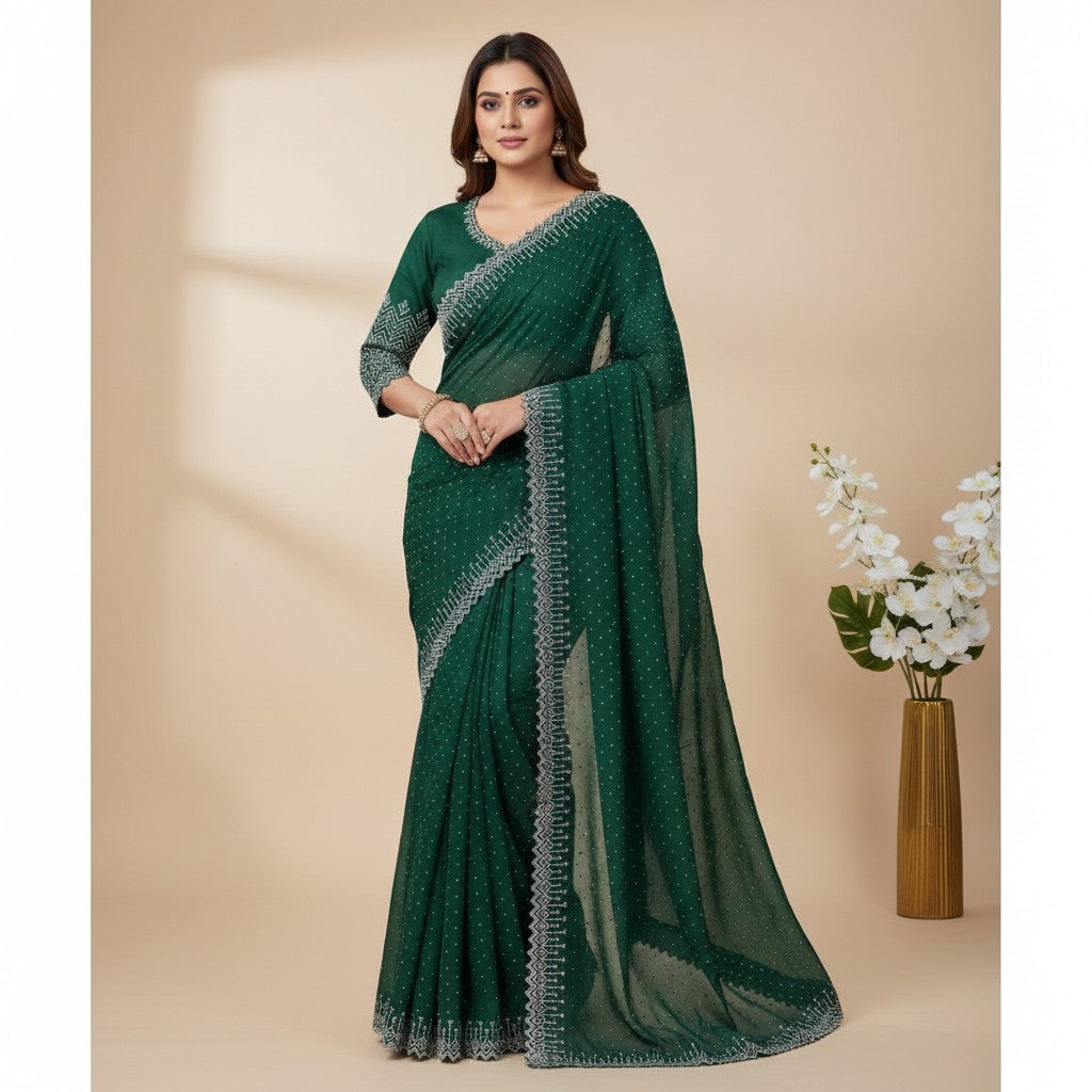 Shafusion green georgette saree with intricate silver stone work and matching unstitched blouse on a model