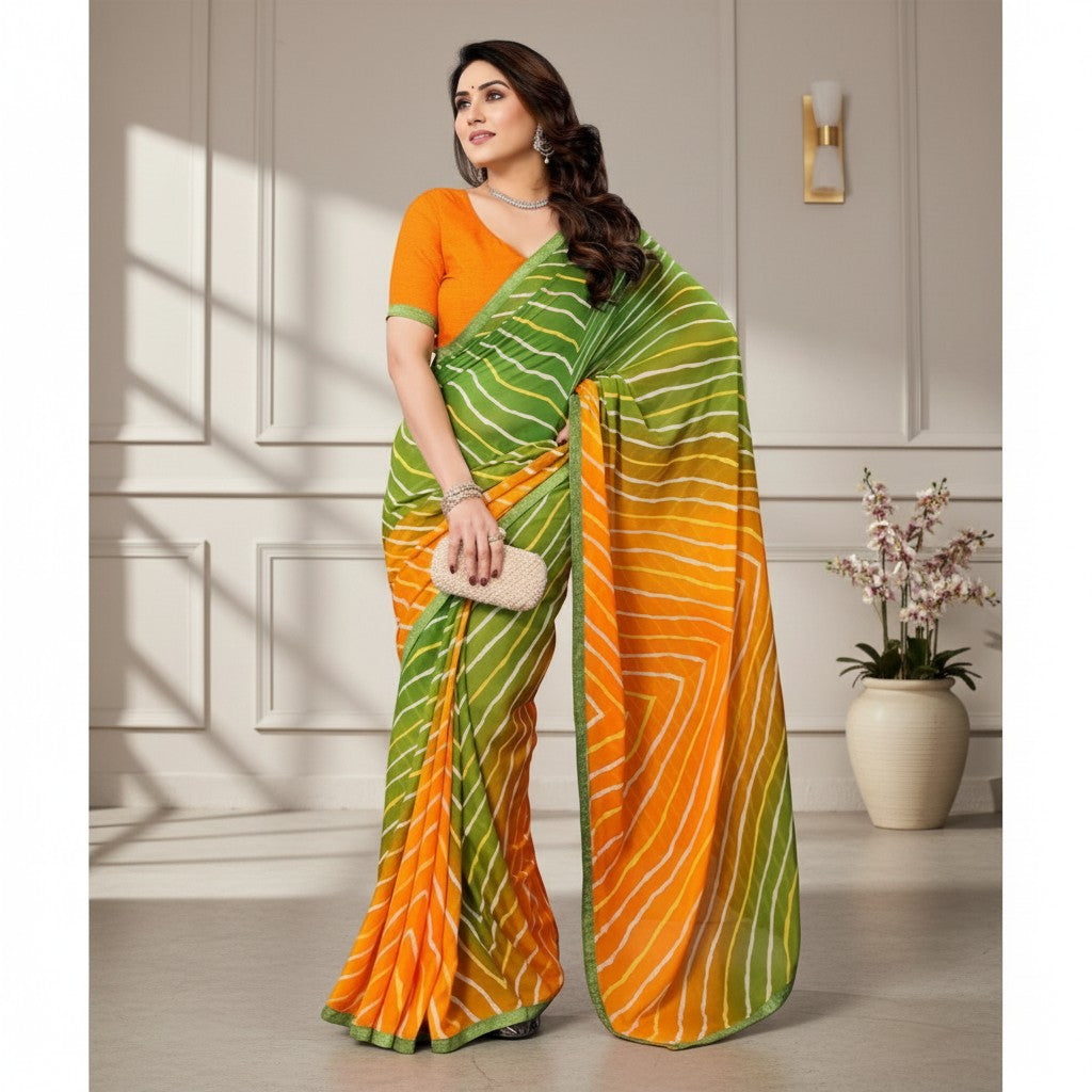 Shafusion green and orange georgette printed saree with unstitched blouse worn by a model in a studio setting