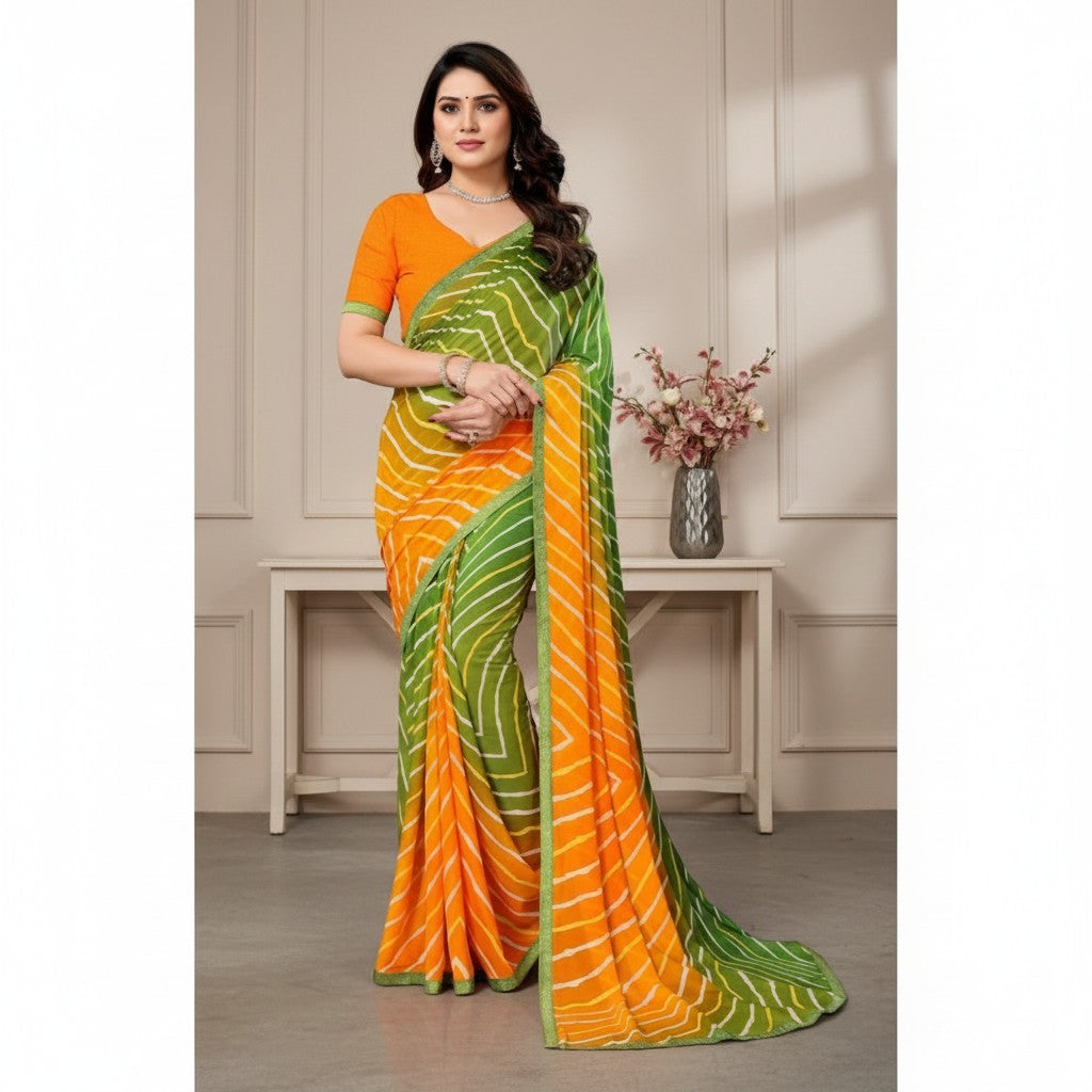 Shafusion green and orange georgette printed saree with unstitched blouse worn by a model in a studio setting