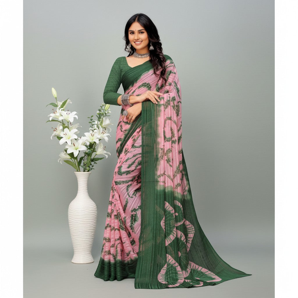 Shafusion green and pink georgette printed saree with unstitched blouse worn by a woman with silver jewelry