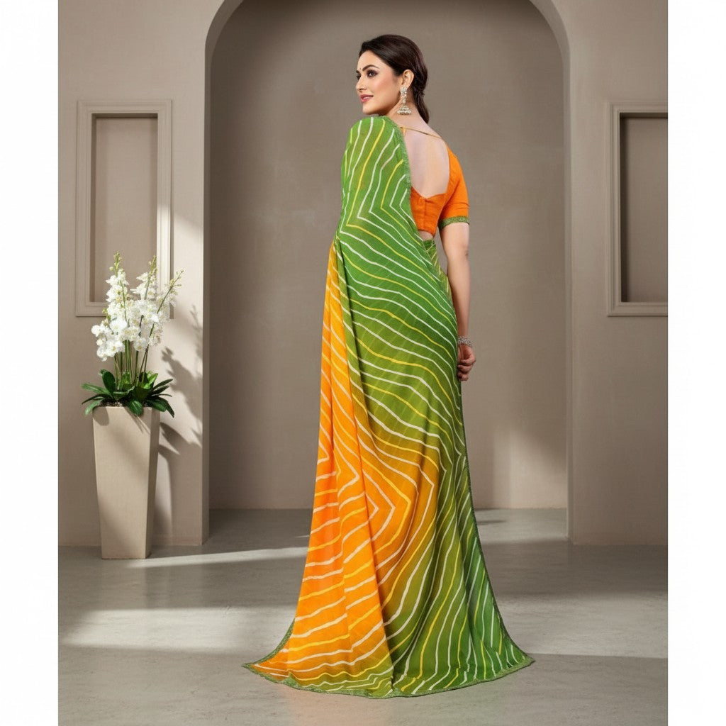 Shafusion green and yellow georgette printed saree with unstitched orange blouse worn by a model