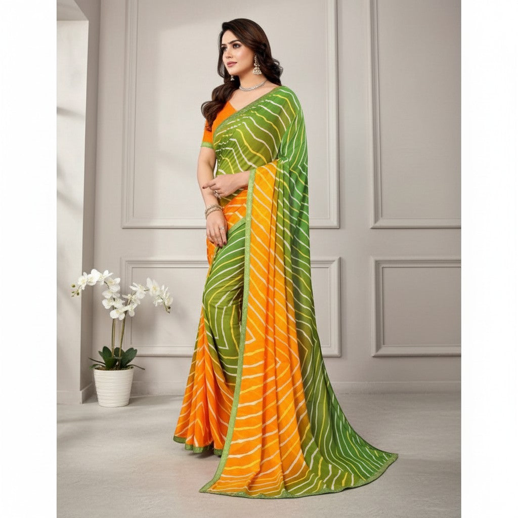 Shafusion green and yellow georgette printed saree with unstitched blouse worn by a model in a studio setting.