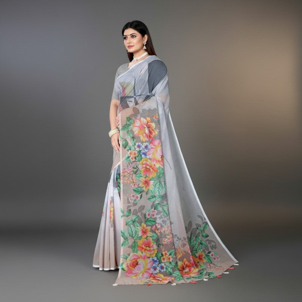 Shafusion grey georgette saree with vibrant floral print and unstitched blouse worn by a model