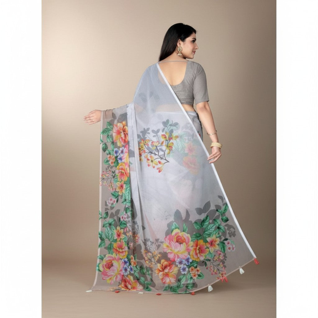 Shafusion grey georgette saree with vibrant floral print and unstitched blouse worn by a model from the back
