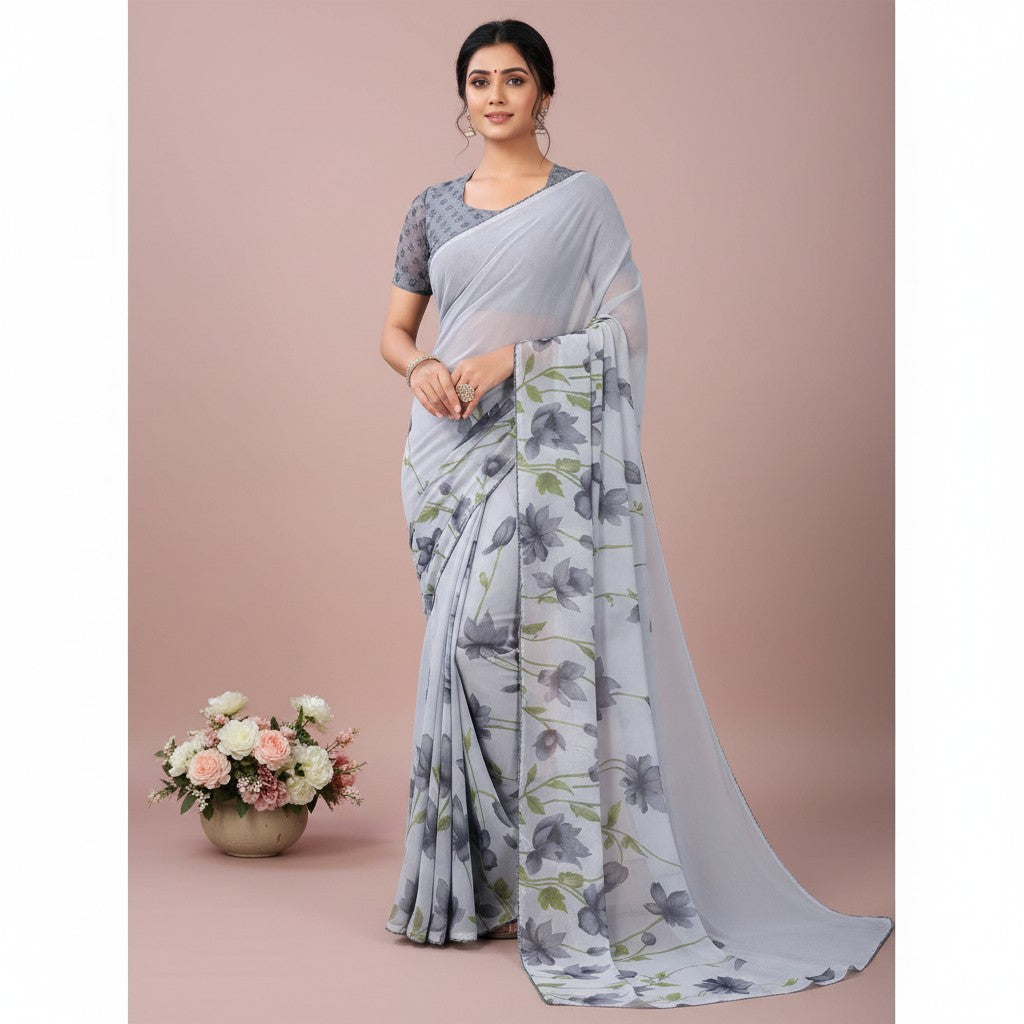 Shafusion grey georgette saree featuring a floral print and matching unstitched blouse worn by a model