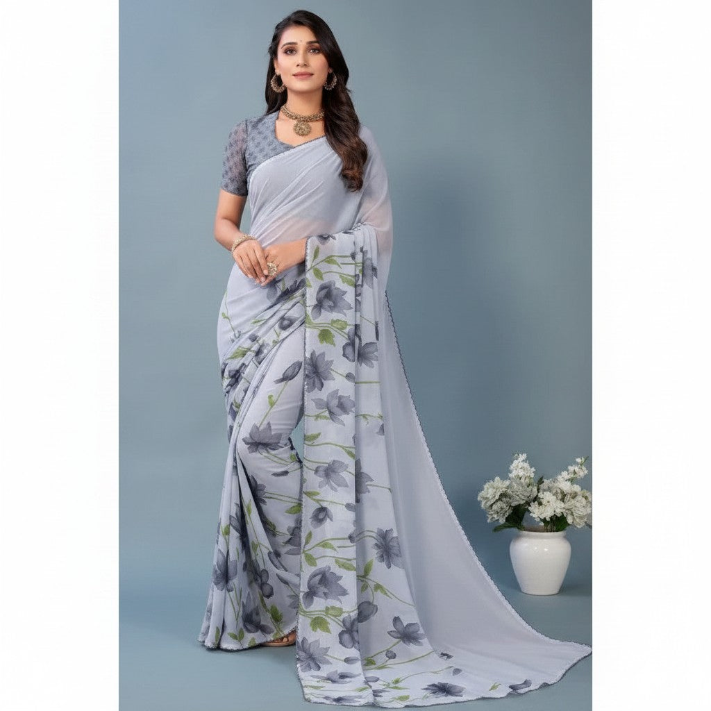 Shafusion grey georgette saree with floral print and matching unstitched blouse worn by a model