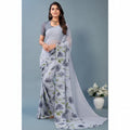Shafusion grey georgette saree with floral print and matching unstitched blouse worn by a model