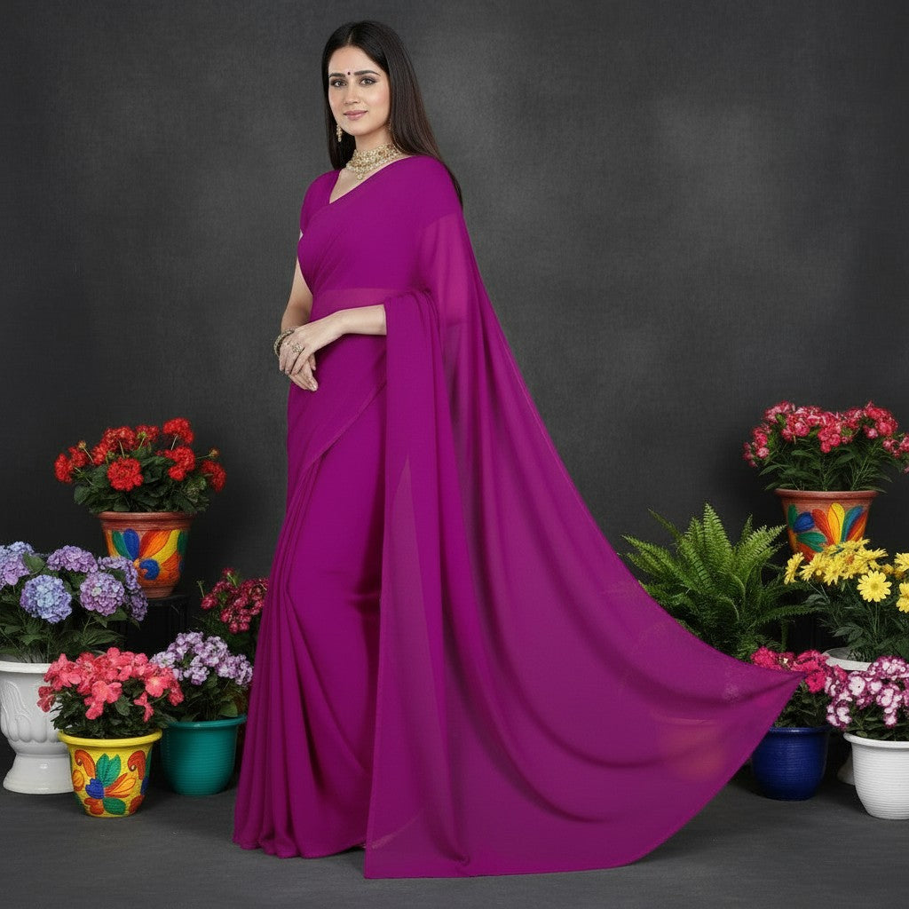 Shafusion jamli purple georgette saree with matching blouse worn by a model in a floral studio setting