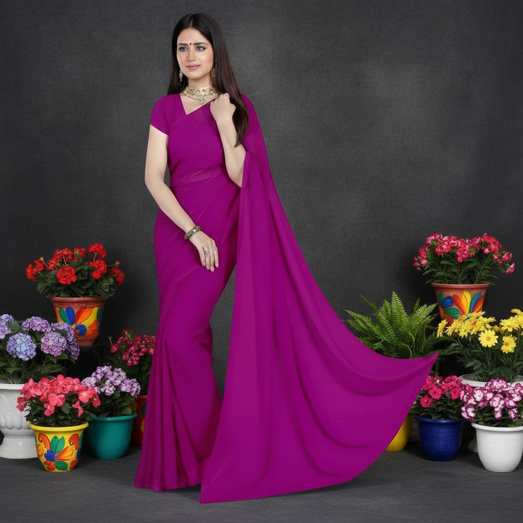 Shafusion jamli purple georgette saree worn by a woman with gold jewelry, styled for festive and casual wear.