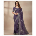 Shafusion lavender georgette saree featuring intricate silver embroidery and a matching unstitched blouse on a model.