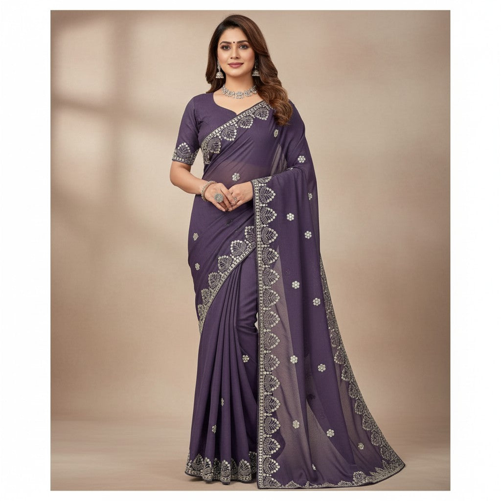 Shafusion lavender georgette saree featuring intricate silver embroidery and a matching unstitched blouse on a model.