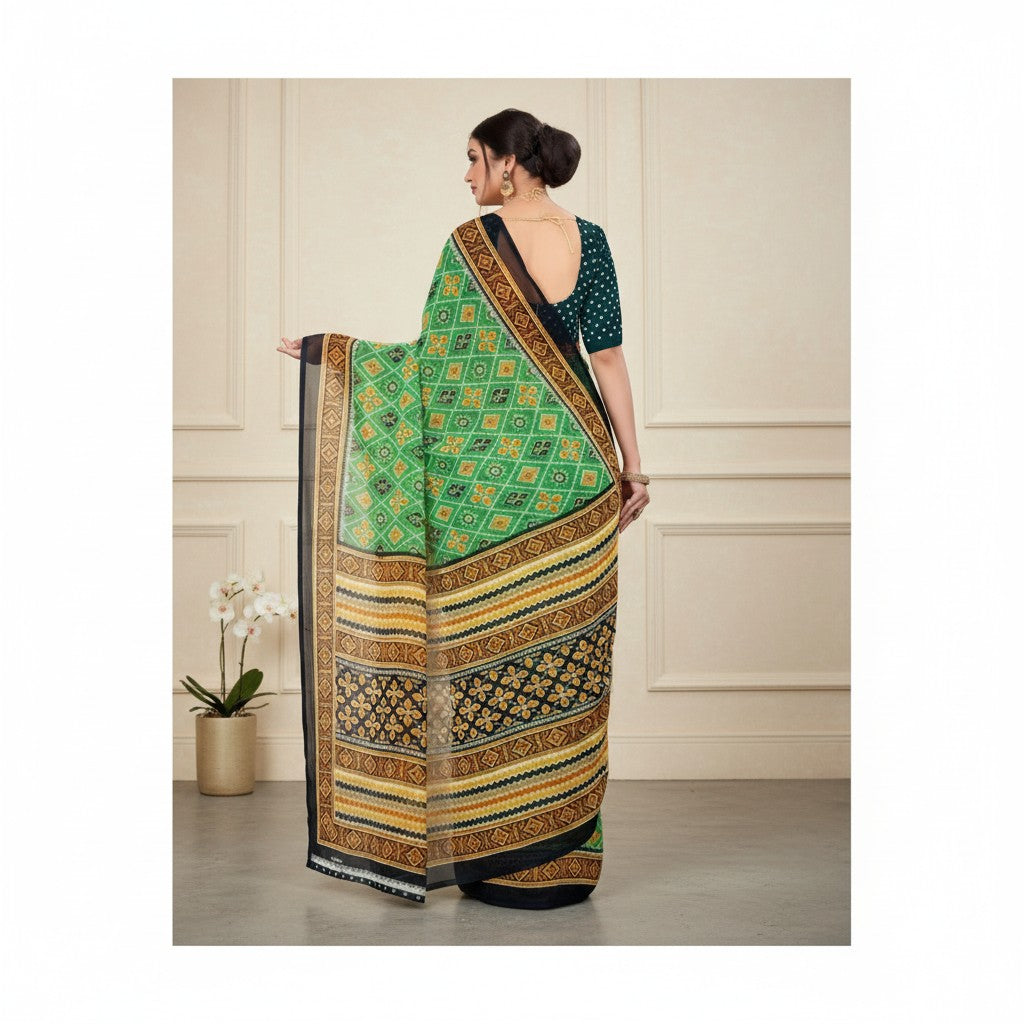 Shafusion light green georgette saree with intricate floral and geometric print and matching unstitched blouse