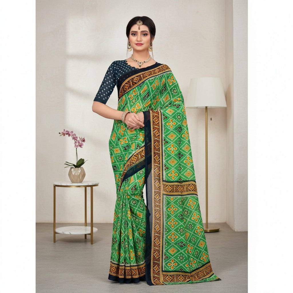 Shafusion light green georgette saree with floral print and dark blue unstitched blouse worn by a model