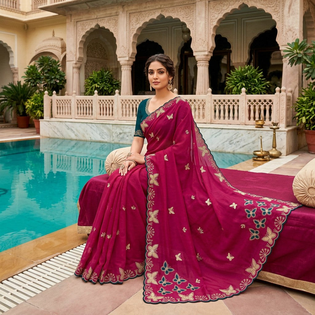 Shafusion magenta star georgette saree with green blouse and intricate butterfly embroidery by a poolside