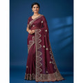 Shafusion maroon georgette saree featuring intricate silver embroidery and mirror work with an unstitched blouse