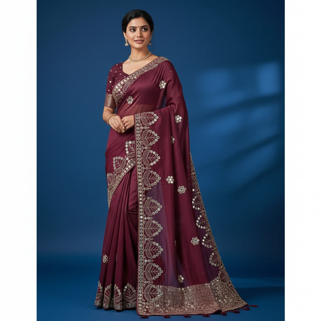 Shafusion maroon georgette saree featuring intricate silver embroidery and mirror work with an unstitched blouse