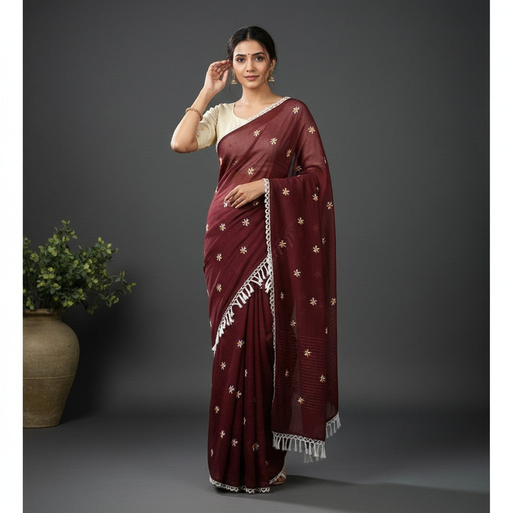 Shafusion maroon georgette saree with white floral embroidery and tassel trim worn by a model in a studio setting.