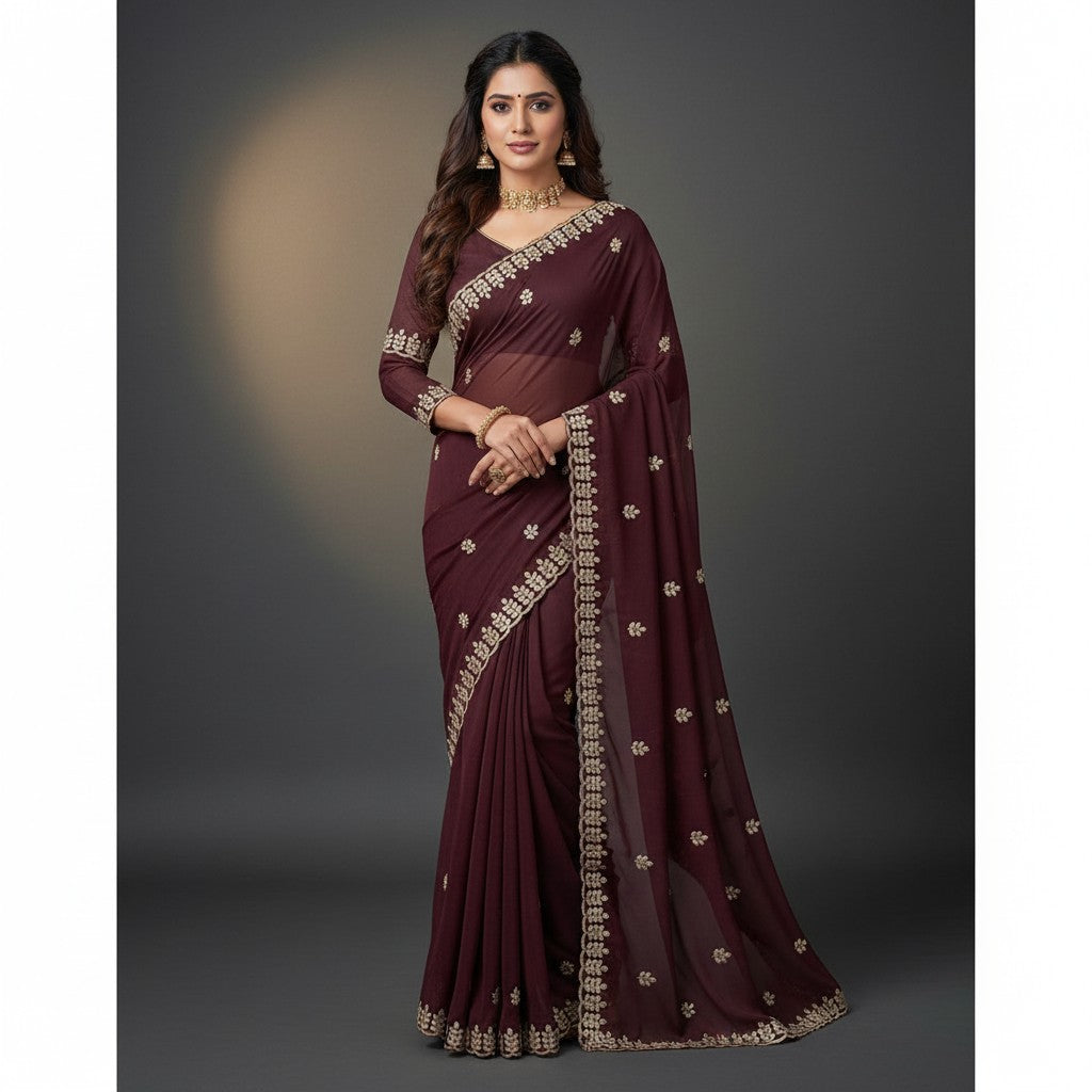 Shafusion maroon georgette saree featuring intricate gold embroidery and matching unstitched blouse on a model