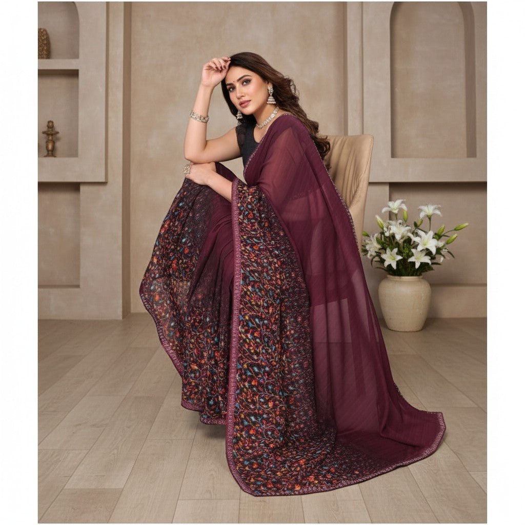 Shafusion maroon georgette saree with intricate floral print border worn by a model in a studio setting