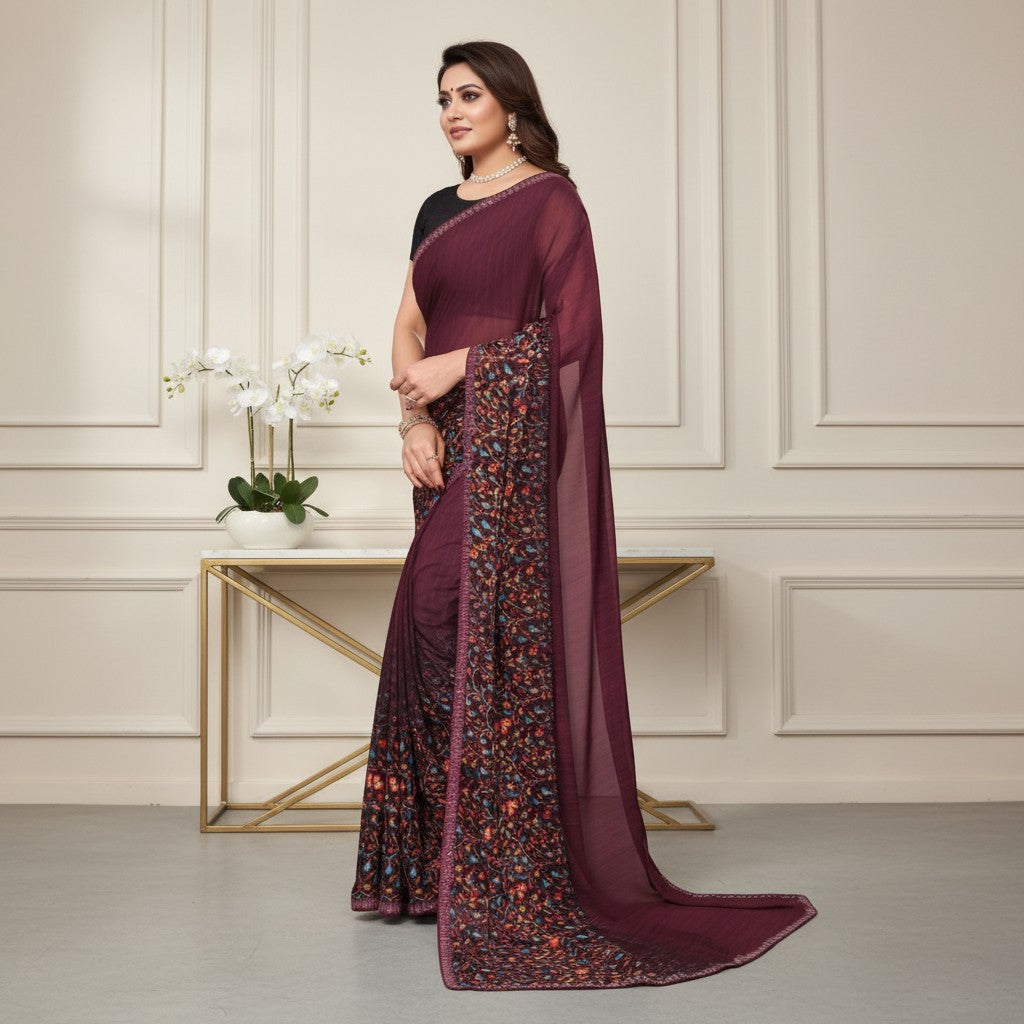 Shafusion maroon georgette saree with intricate floral printed border and unstitched black blouse worn by a model
