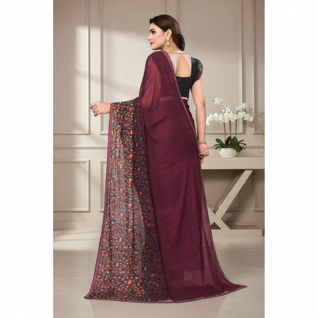 Shafusion maroon georgette saree with floral printed border and black unstitched blouse worn by a model