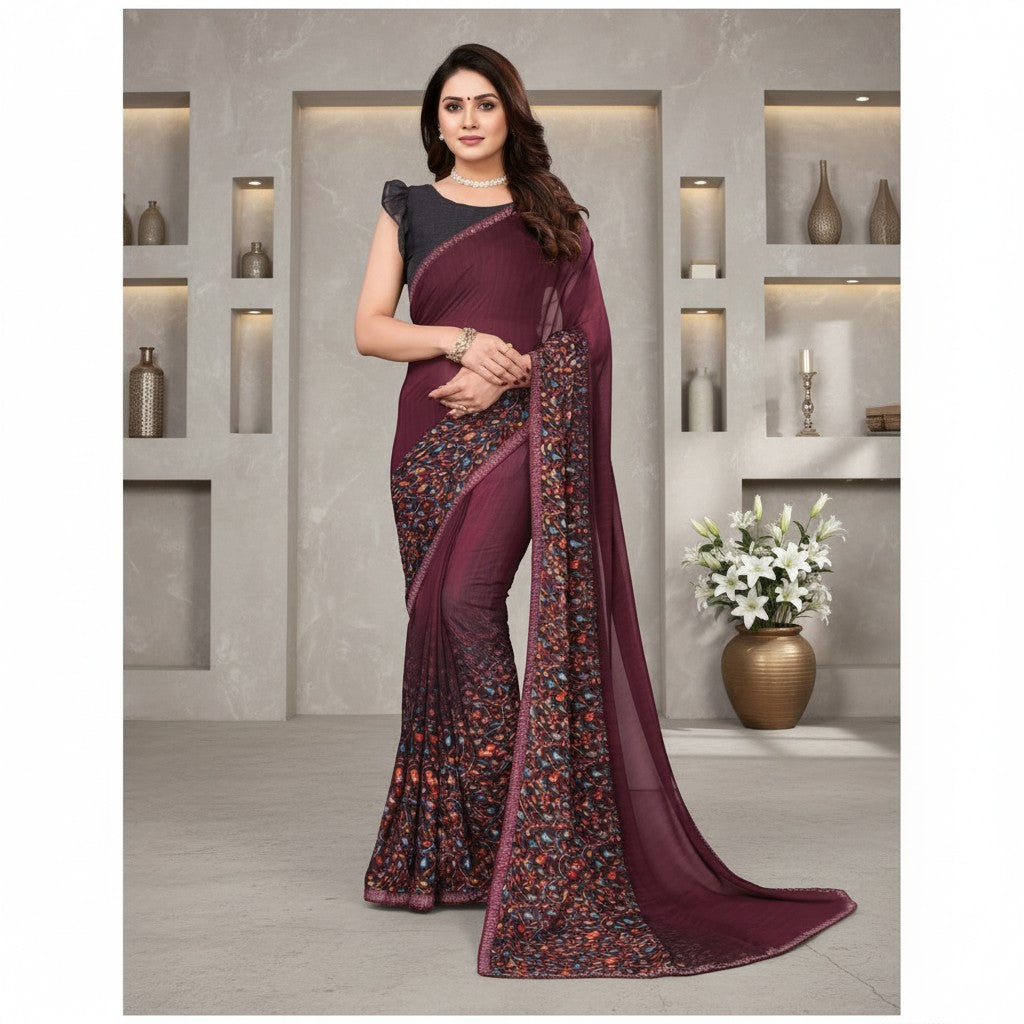 Shafusion maroon georgette saree with floral print border and unstitched black blouse worn by a model