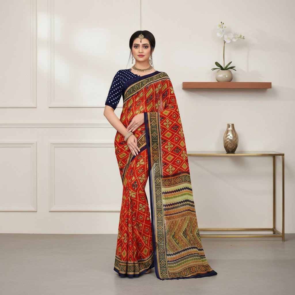 Shafusion georgette saree in multicolor floral print with a navy blue unstitched blouse worn by a model