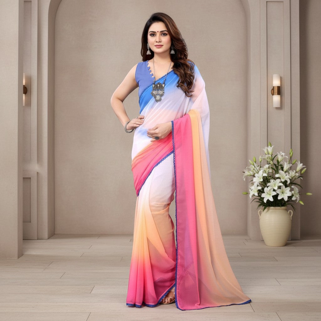 Shafusion ready-to-wear georgette saree in multicolor ombre with lace trim and matching unstitched blouse