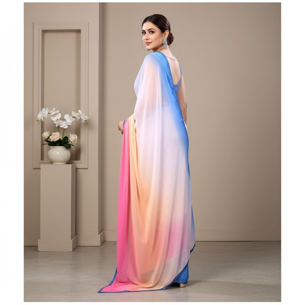 Shafusion ready-to-wear georgette saree in a multicolor ombre gradient with delicate lace trim on a model