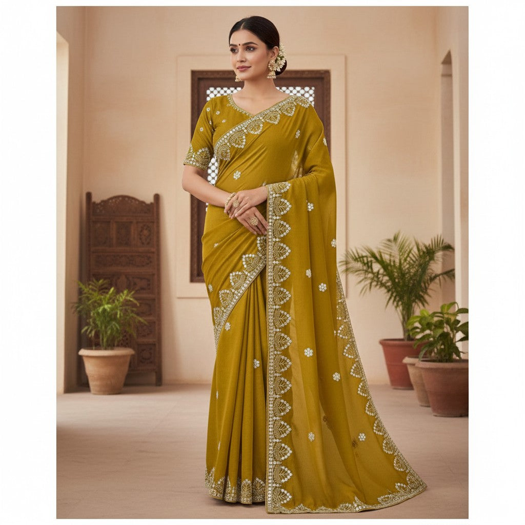 Shafusion mustard-yellow georgette saree with intricate silver embroidery and matching unstitched blouse