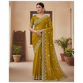 Shafusion mustard-yellow georgette saree with intricate silver embroidery and matching unstitched blouse