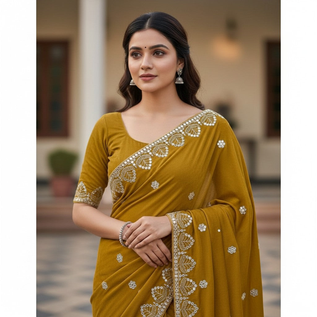 Shafusion mustard yellow georgette saree with intricate silver embroidery and matching unstitched blouse