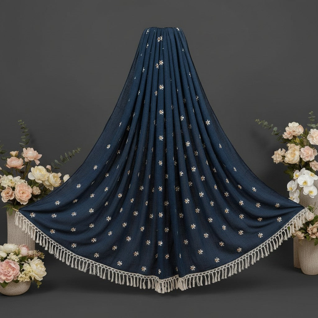 Shafusion navy blue georgette saree featuring delicate floral embellishments and a decorative fringe hem