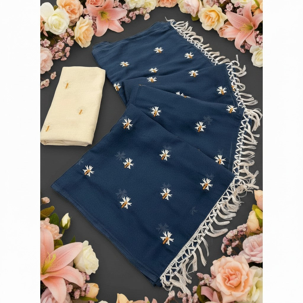 Shafusion navy georgette saree with white floral embellishments, fringe trim, and a matching unstitched blouse piece.