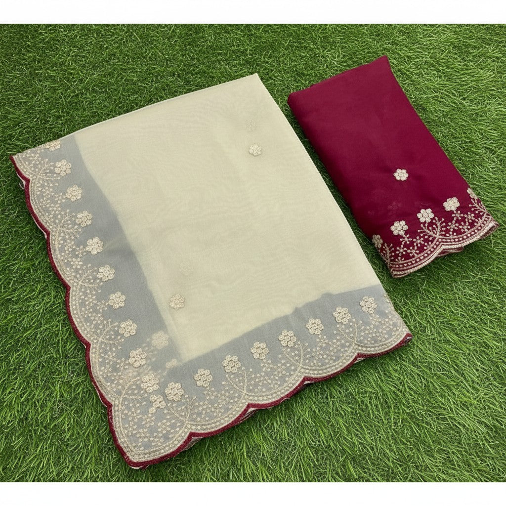 Shafusion off-white star georgette saree with maroon embroidered scalloped borders and matching unstitched blouse
