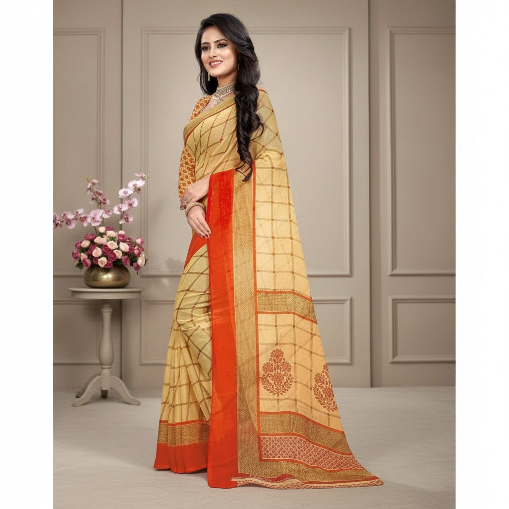 Shafusion orange and beige georgette printed saree with a matching unstitched blouse worn by a model