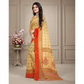 Shafusion orange and beige georgette printed saree with a matching unstitched blouse worn by a model