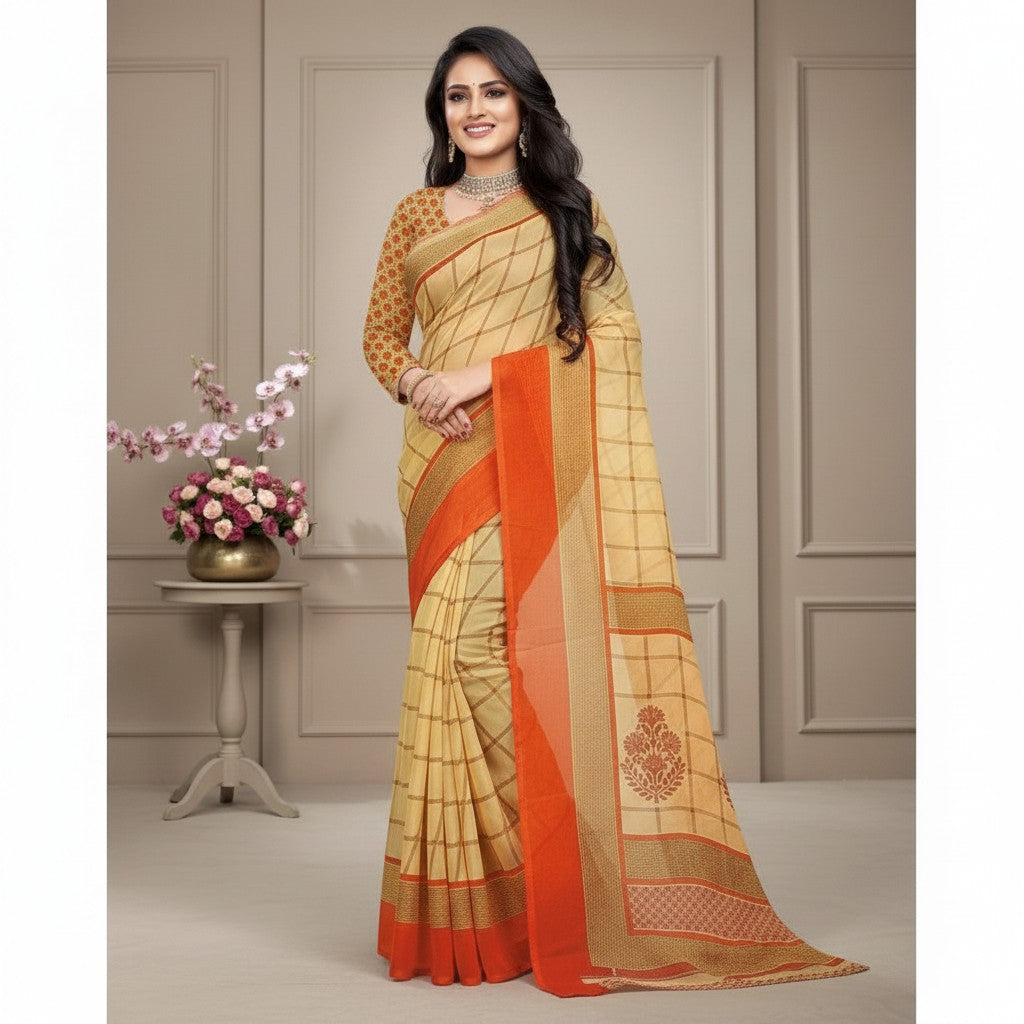 Shafusion orange and beige georgette printed saree with unstitched blouse worn by a model in a studio setting