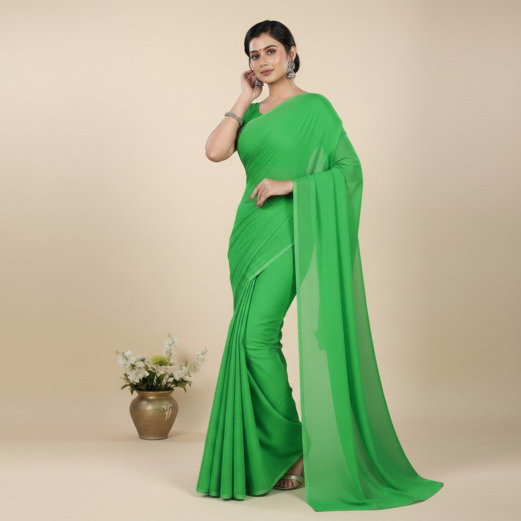 Shafusion parrot green georgette plain saree worn by a model with traditional jewelry for a festive look