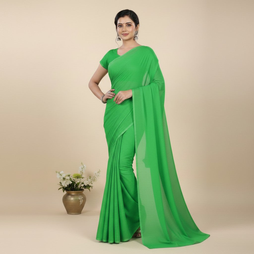 Shafusion parrot green georgette plain saree with matching blouse worn by a model in a studio setting